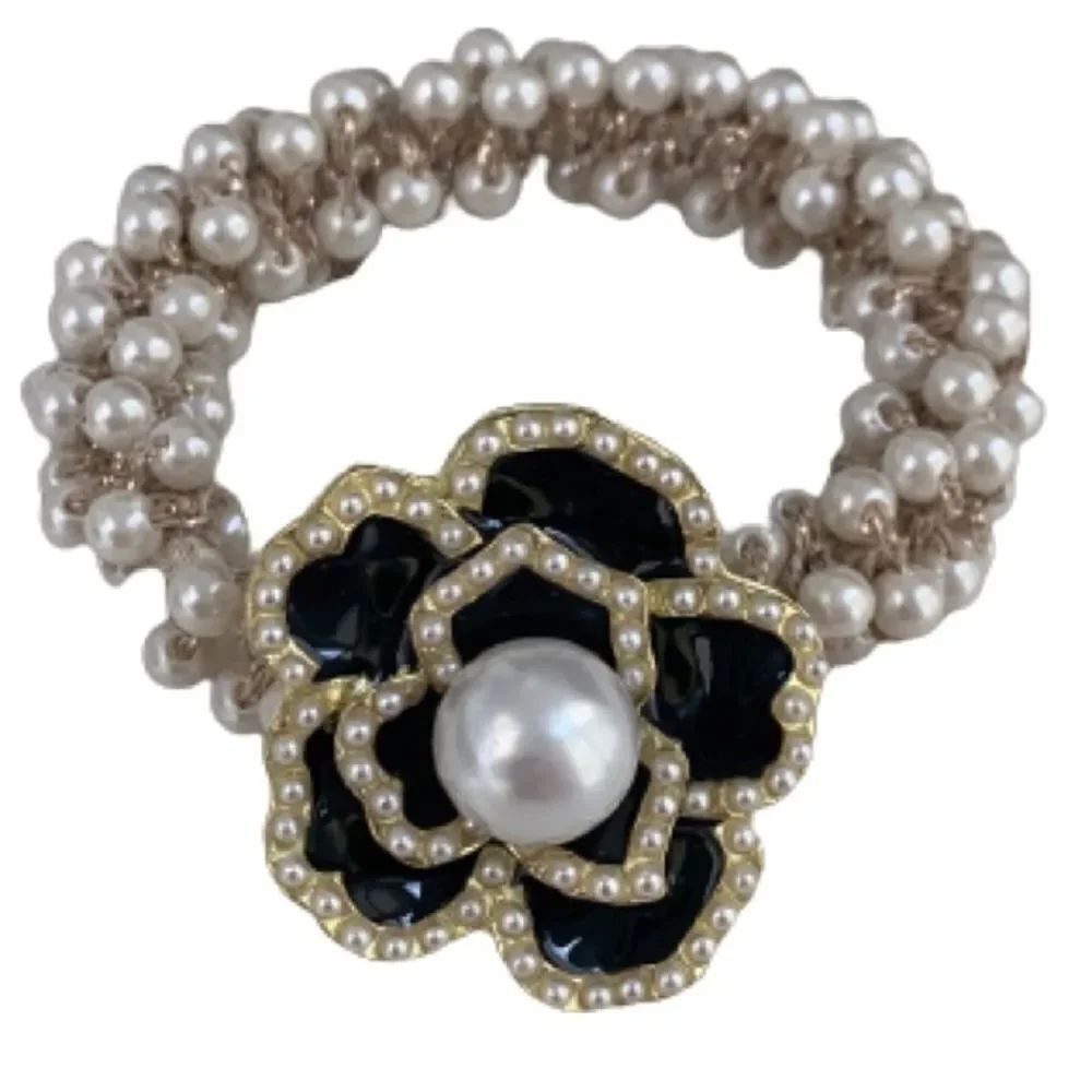 Camellia Flower Hair Tie with Faux Pearls – Black Enamel & Golden Charm - Picture 3 of 8